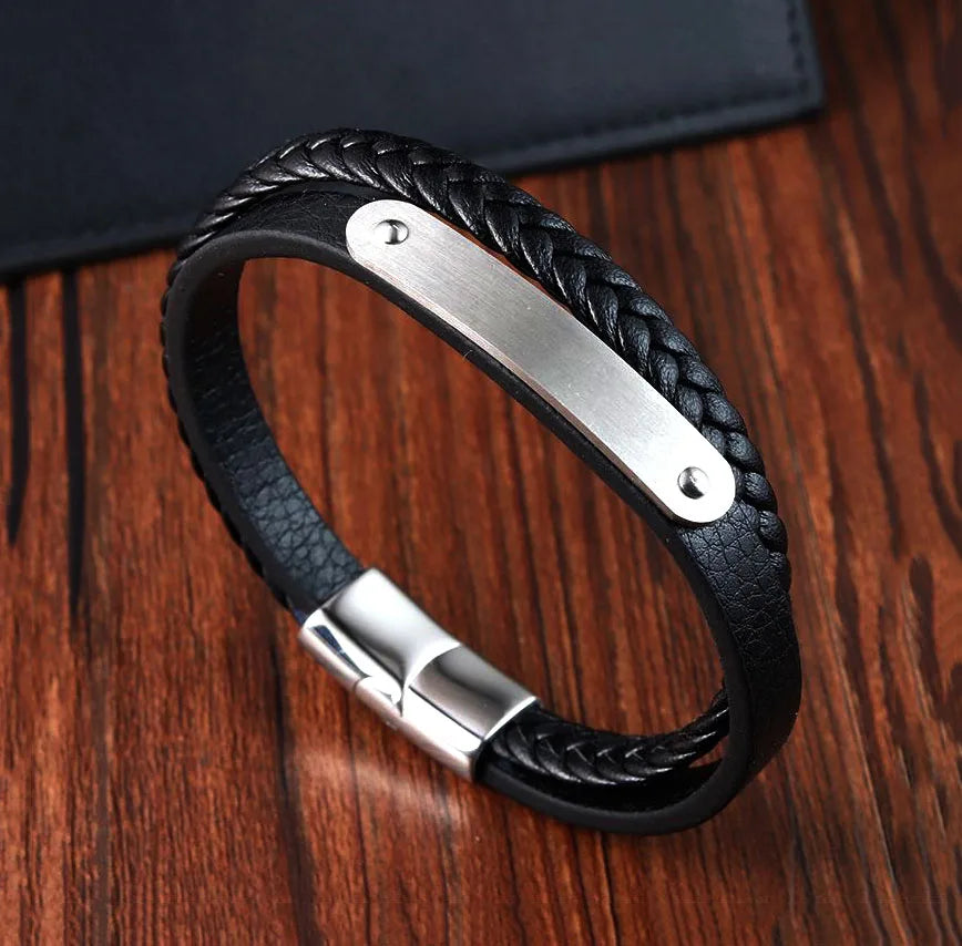 Jewelry Genuine Real Leather Men's Bracelet Custom Logo Stainless Steel Magnetic Leather Bracelet Clasp Bangle for Men