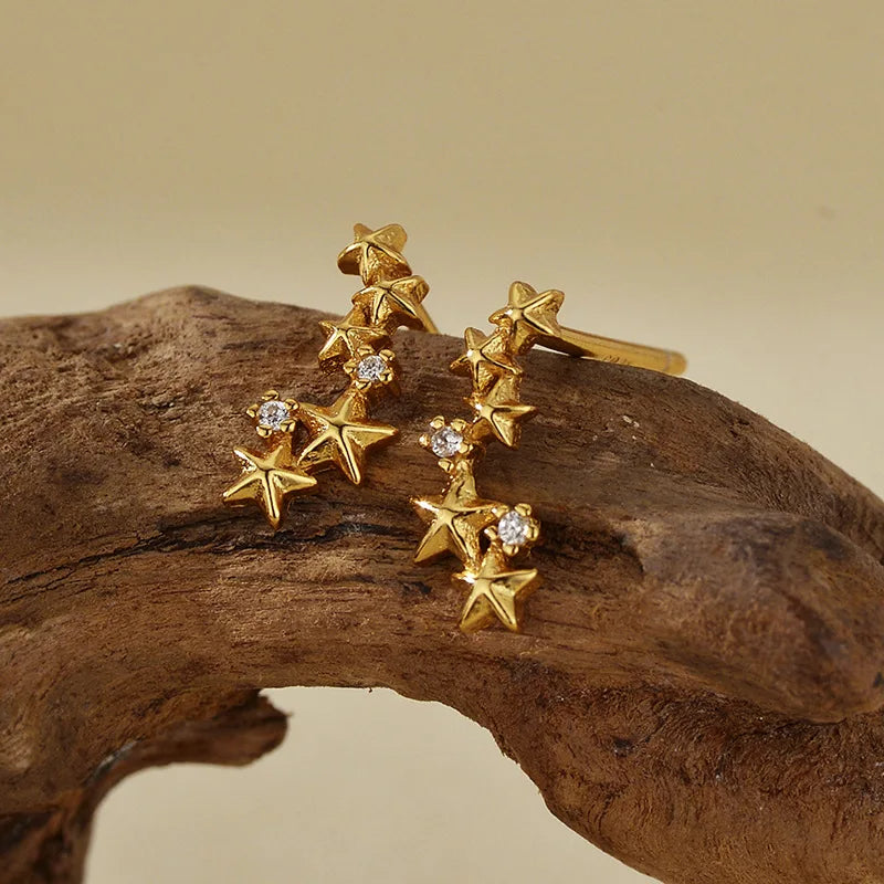 925 Silver 18K Gold Plated Trendy Climber Star Cluster Studs Earring Bezel Setting Inlay for Anniversary