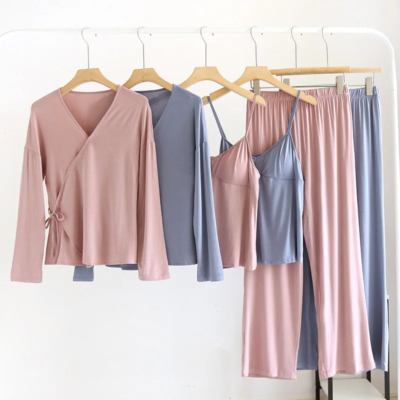 New Modal Women's Three-piece Set of Thin Long-sleeved Trousers Home Clothes With Chest Pad and Suspender