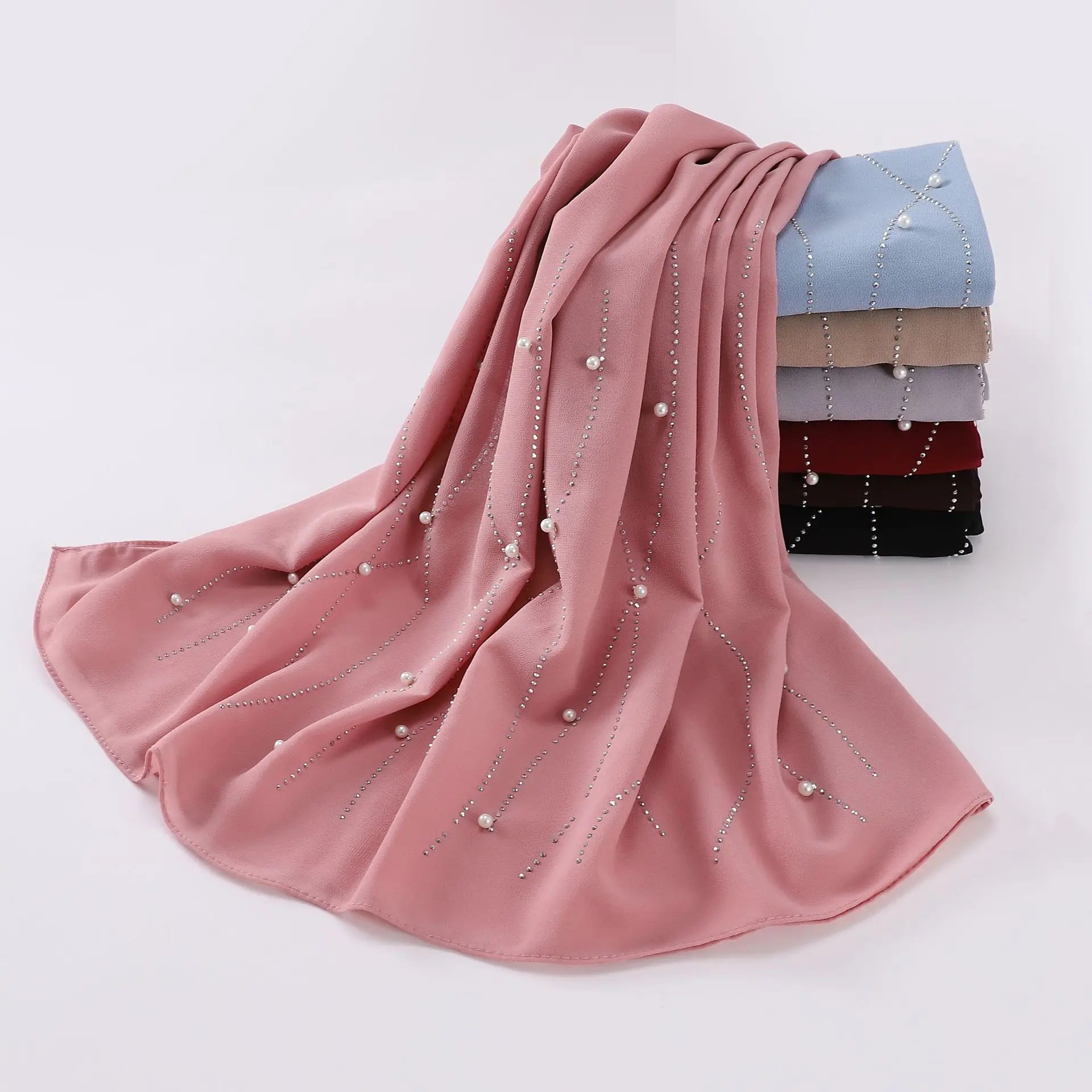 75D Pearl Chiffon Long Scarf Single Head Beaded Gauze Hot Drill for Muslim Middle Eastern African Summer Traditional Headscarf