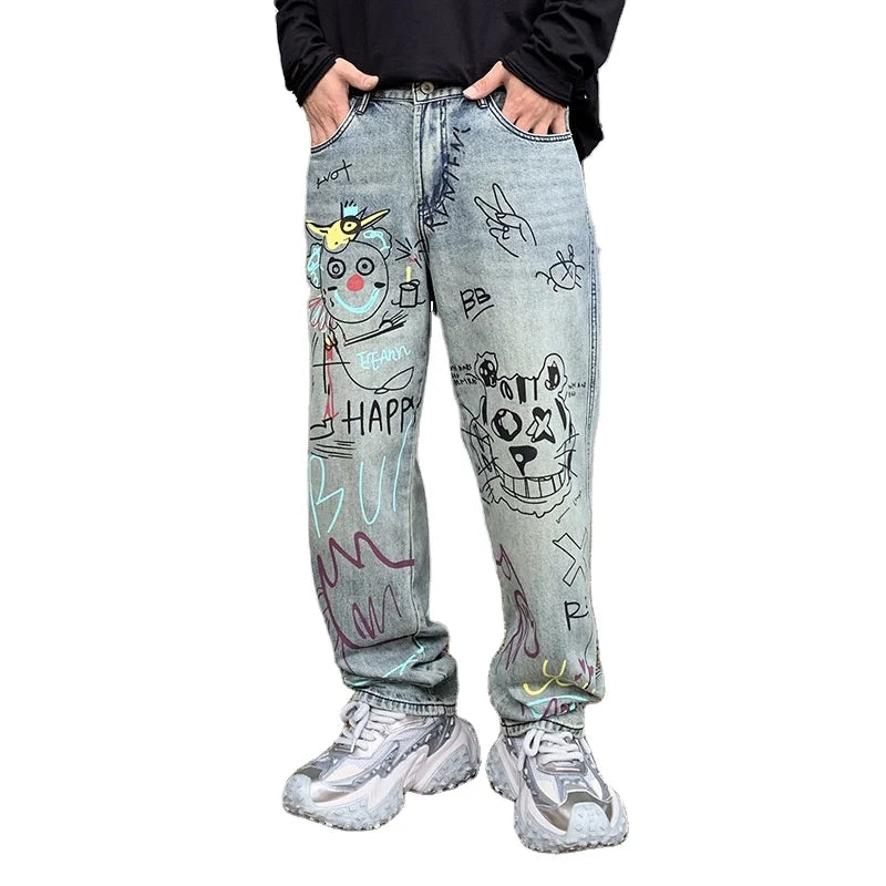 Custom Logo New Design Patchwork Stonewashed Light Wash Stretch Denim Straight Leg Loose Fit Jeans