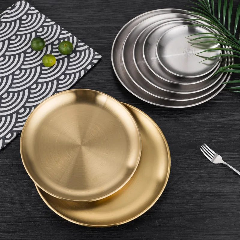 Korean Style Dining Plate Stainless Steel Round Shallow Plate Gold Serving Dishes Cake Tray Camping Barbecue Western Dishes