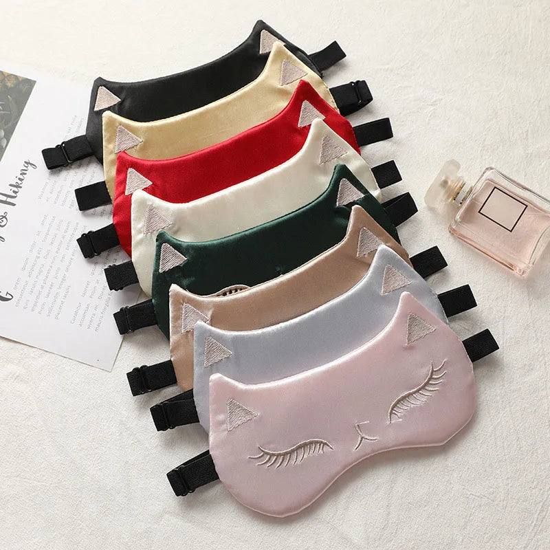 Cute Cat Silky Sleeping Eye Mask Adjustable Eyeshade Comfortable Lightweight Cartoon Satin Eye Cover Mask for Girl Women Travel