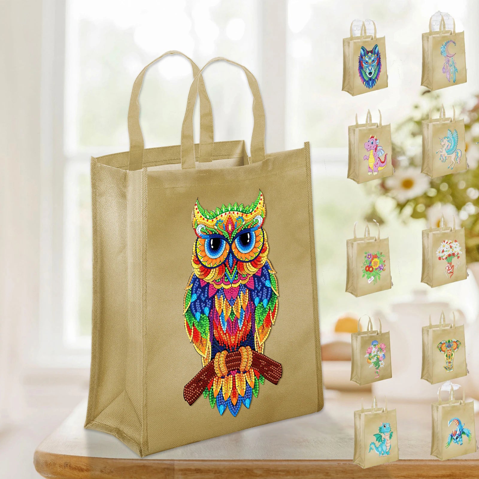 LS Factory Wholesale Beige Animal Mandala Pattern Eco Tote Bag 5D DIY Diamond Painting Set Oxford Printed Seascape Design 5D Diy