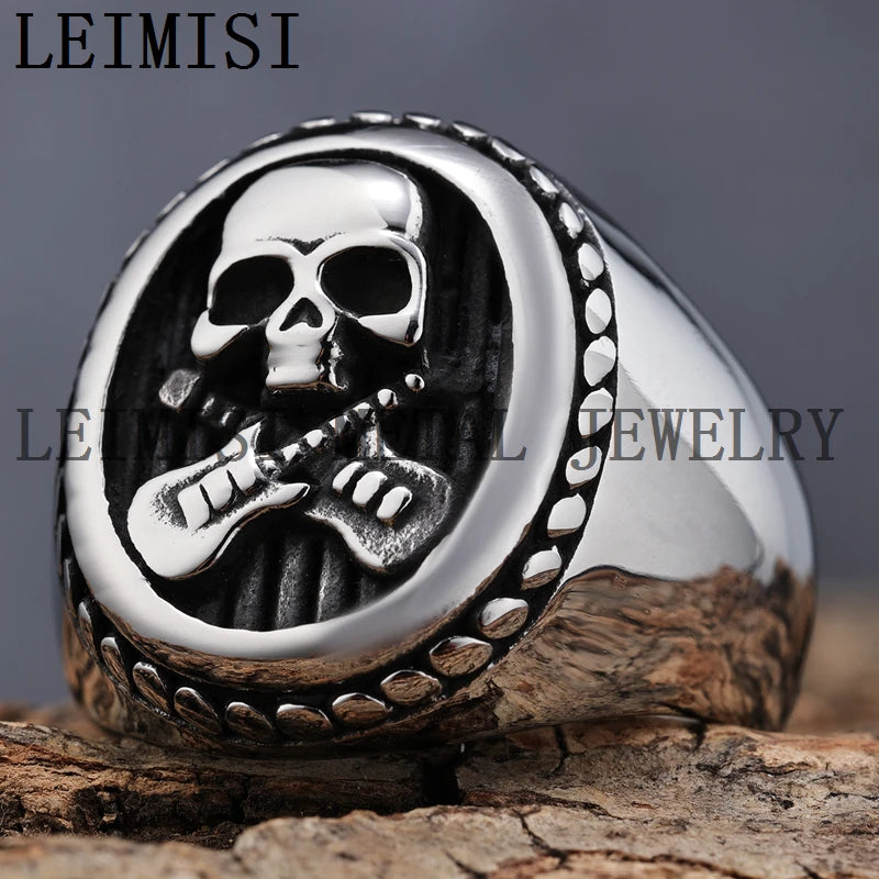 Solid Shiny Non Tarnish Mens Stainless Steel Gothic Punk Biker Signet Cross Guitar Death Skull Rock and Roll Metal Rings