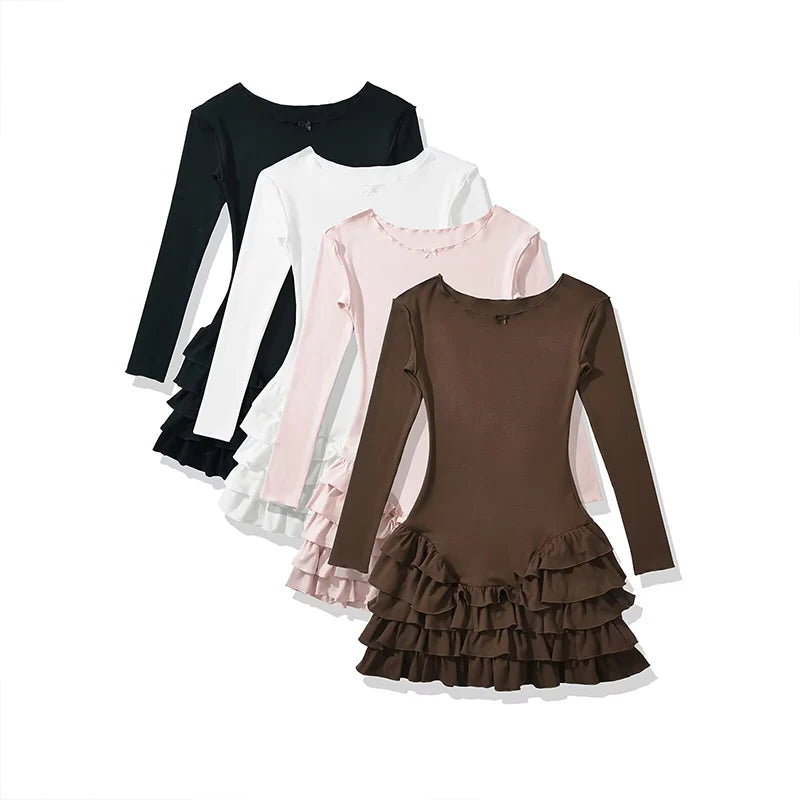 ZATRHMBM women's clothing 2025 new fashion ruffle stitching dress retro long sleeve slim elegant female mini dress