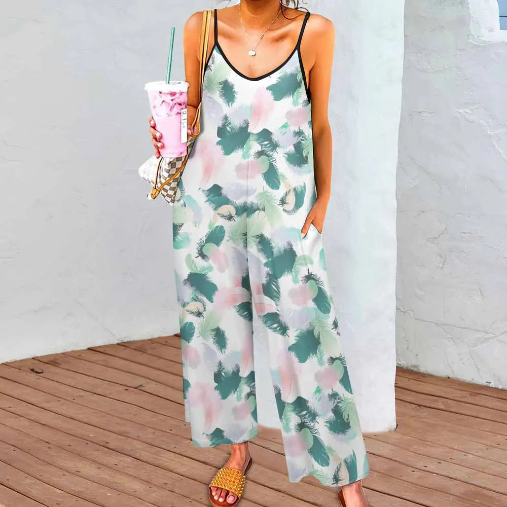 Print on Demand Plus Size Women's Casual Loose Sleeveless Adjustable Suspenders V-Neck Straight Wide Leg Jumpsuit With Pockets