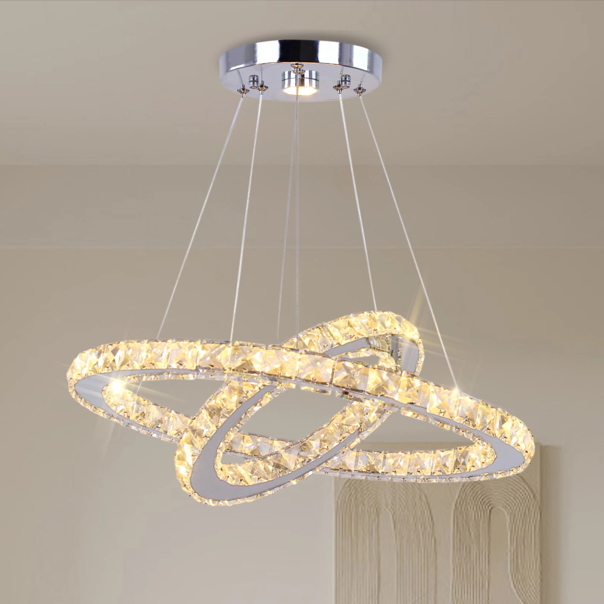 Modern Luxury Pendant Light 2-Ring Crystal Chandelier for High Ceilings Warm Ceiling Lamp for Modern Dining Room
