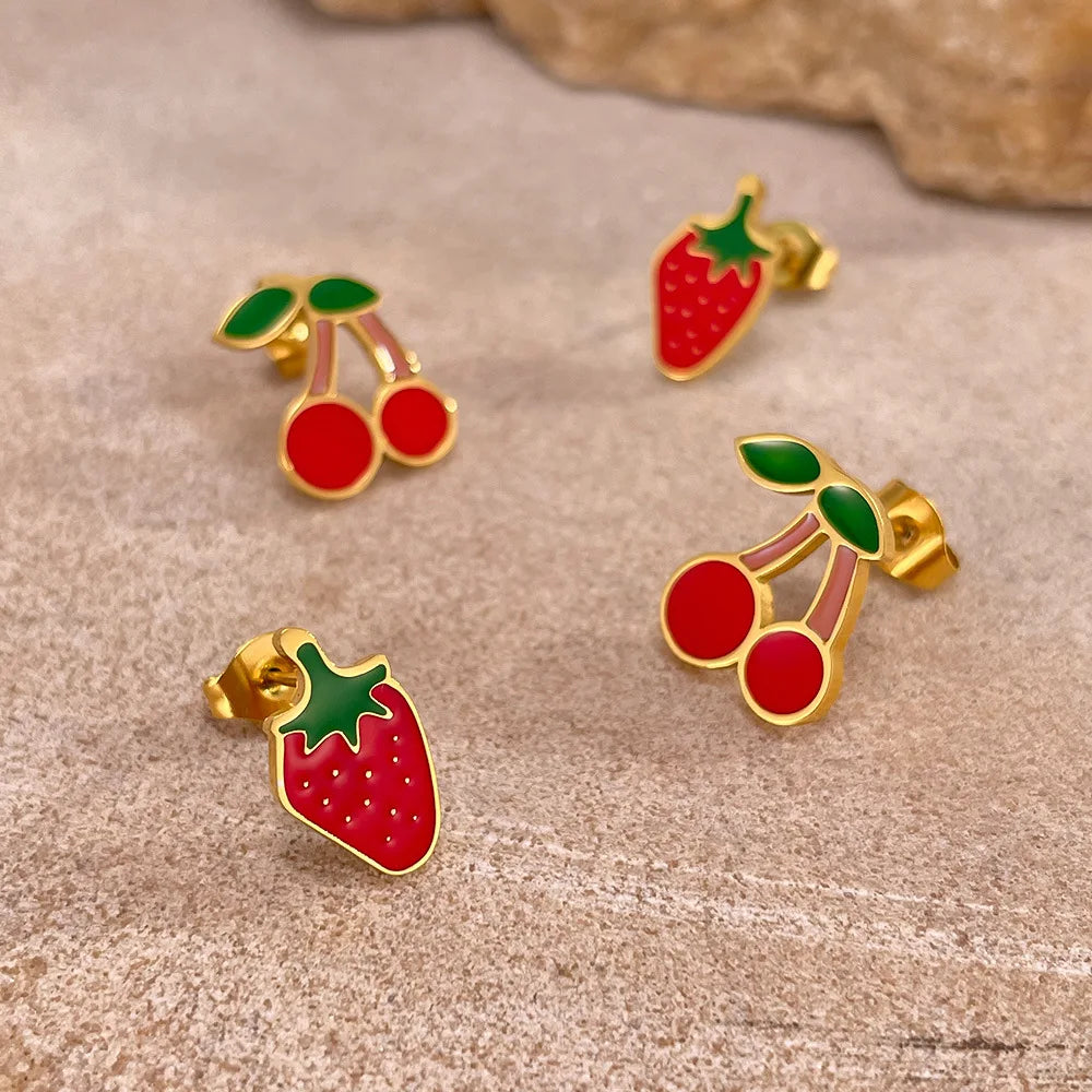 Korean Version Stainless Steel Cherry Strawberry Drip Oil Fashionable Personality Niche Versatile Countryside Style Earrings