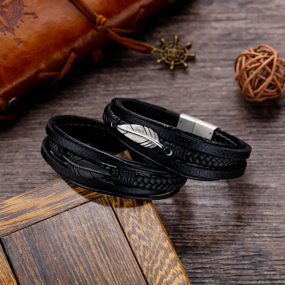 Punk No Fade Vintage Making 304L Stainless Steel Feather MultiLayer Real Real Braid Leather Cuff Bracelet for Luxury Men PH1333