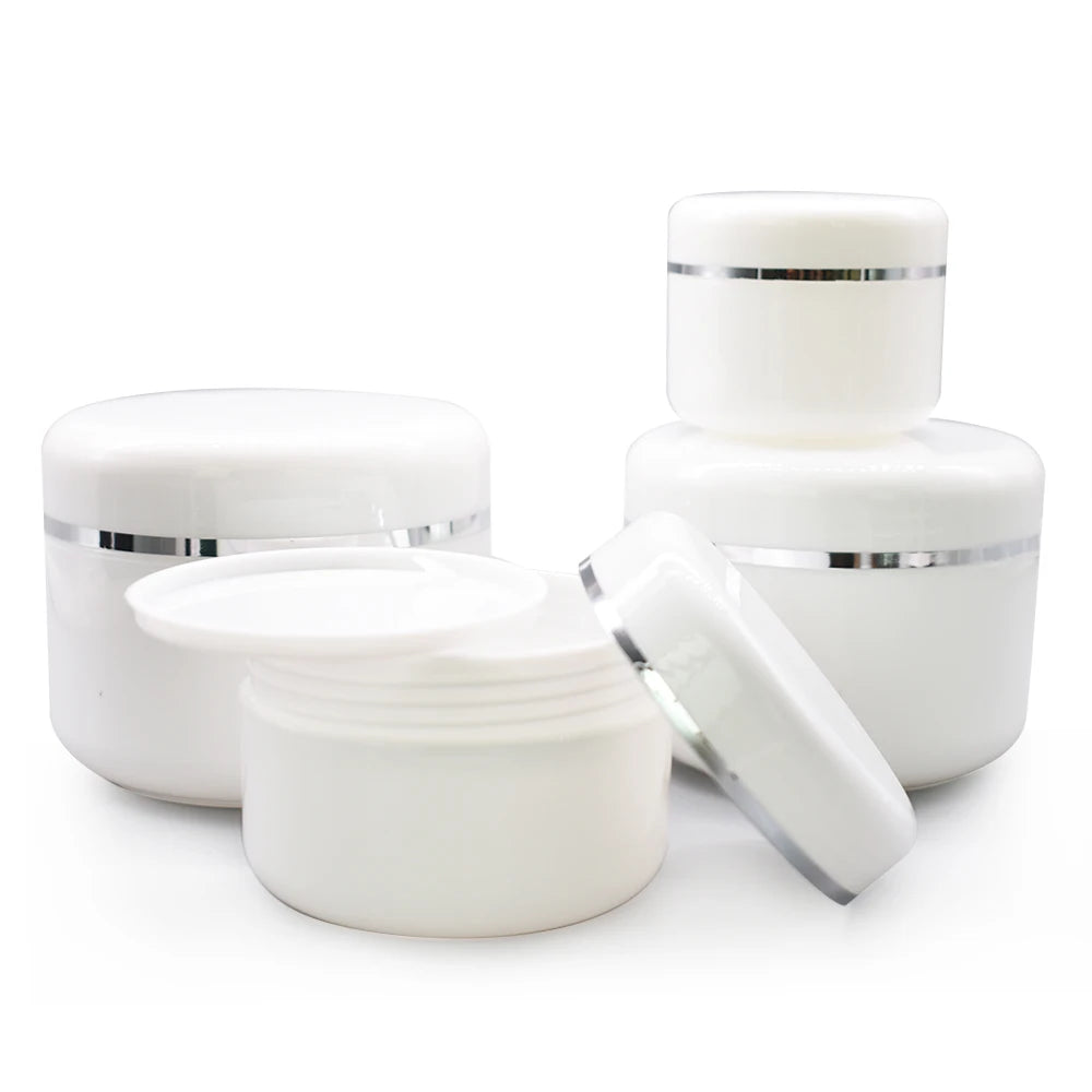 50g White Refillable Bottles Travel Face Cream Plastic Empty Makeup Jar with Silver Lines Pot