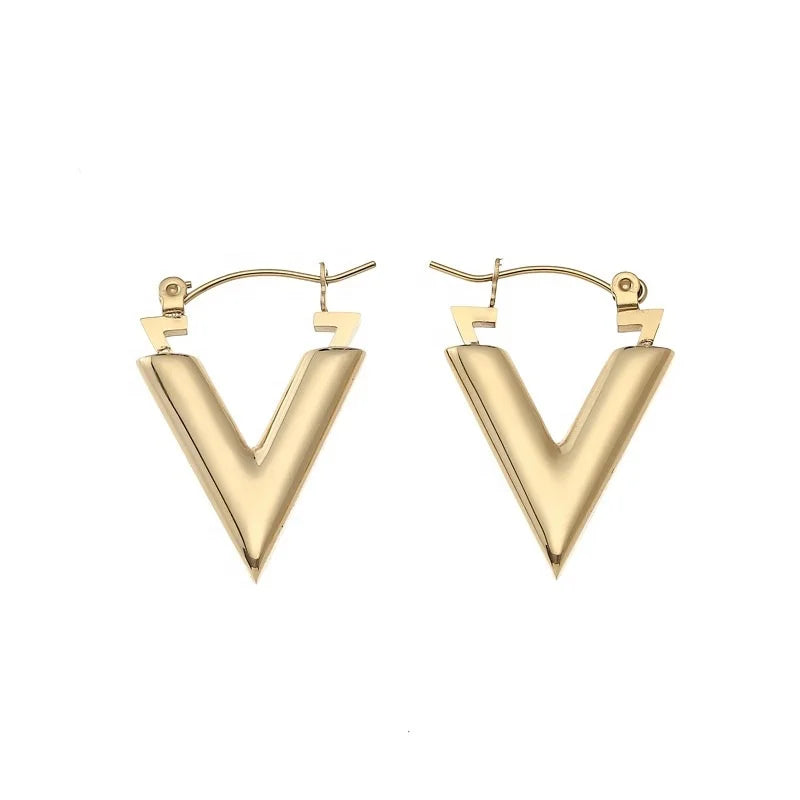 MICCI Wholesale Fashion Trendy Jewelry 18K Gold Plated Stainless Steel Letter V Shape Hoop Earrings