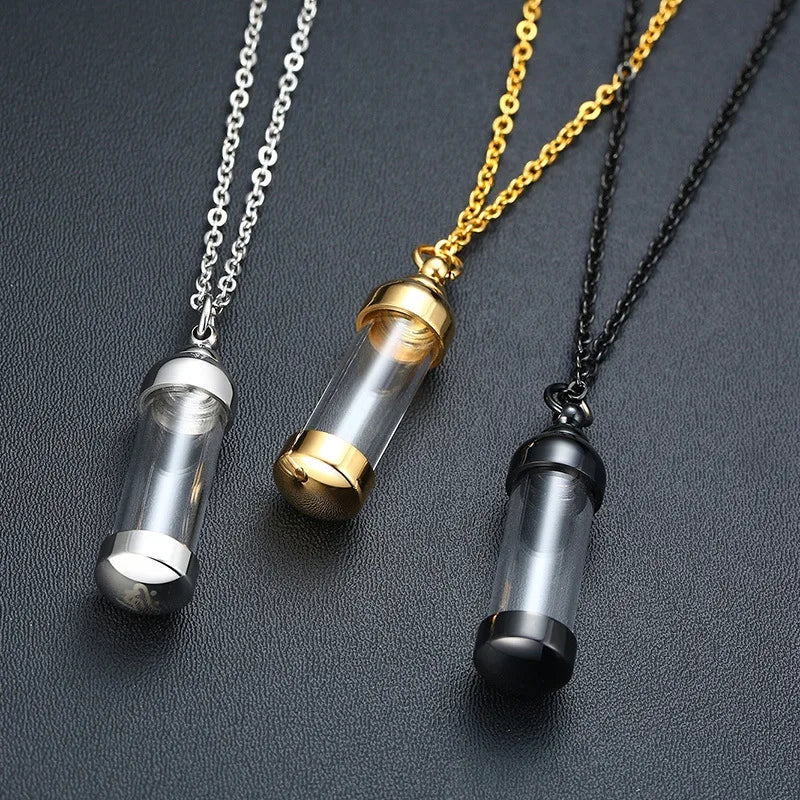 Personalized Cremation Urn Keepsake Jewelry Openable Clear Perfume Bottle Pendant Gold Plated Stainless Steel Chain Necklaces