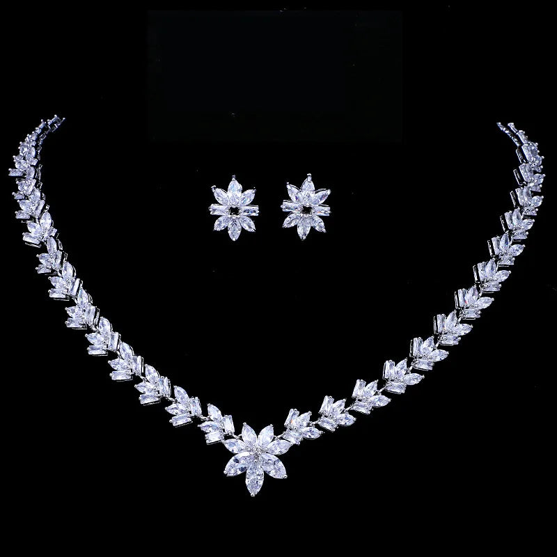 SLBRIDAL Luxury Sparkling Prong Setting Bridal Cubic Zircon Necklace Earring Set Wedding CZ Jewelry set Women Party Jewelry