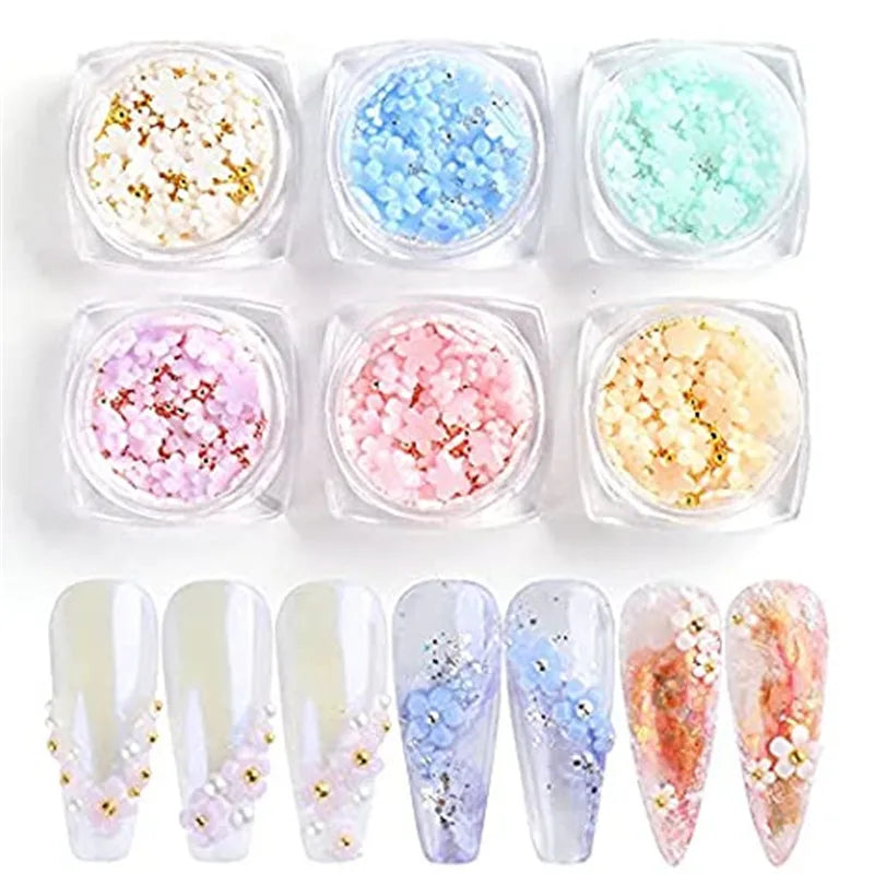 3D Acrylic Flower Colorful Light Change Nail Decals With Pearl Golden for Women Girls DIY Jewelry Decoration Nail Art Supplies