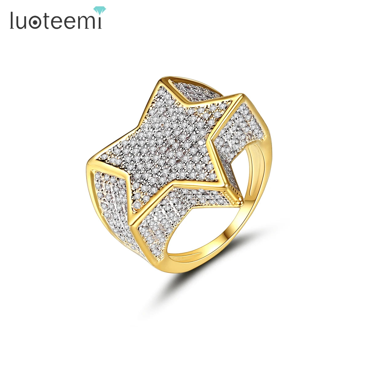 JINSE Good Quality Star Shape Hip Hop Micro Cubic Zirconia Jewelry Gold Gem and Diamond for Men Ring