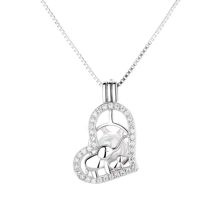 925 Silver Locket Necklace Pendant with Elephant Mother and Kid Design Pearl Jewelry