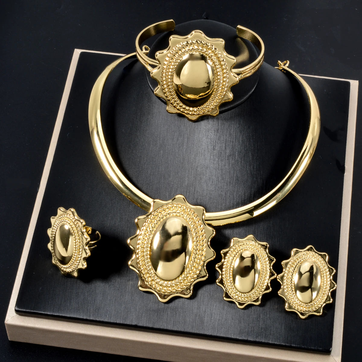 Fashion Jewelry Dubai 14k Gold Plated Bracelet Ring Necklace Earring Wedding Bride Jewelry Sets for Women
