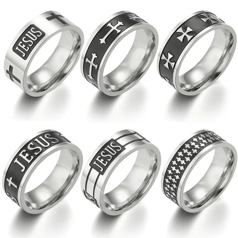 DAIHE Rock Punk 8MM Stainless Steel Mens Jesus Cross Rings Jewelry