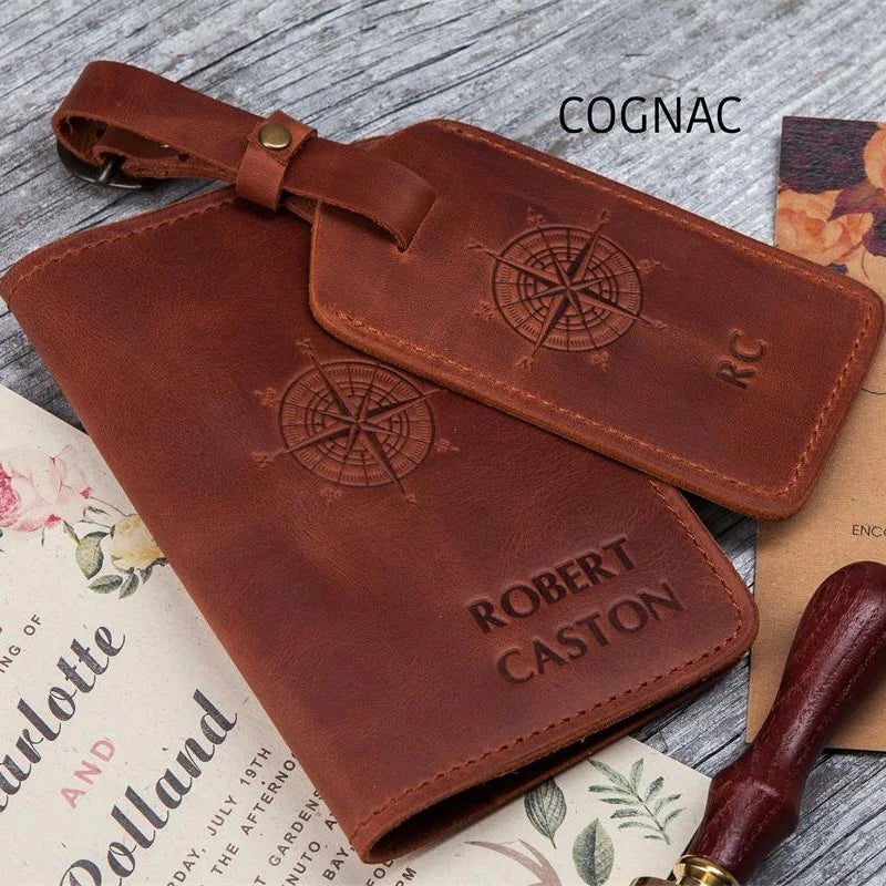 Custom Travel Gift Personalized Vintage Crazy Horse Genuine Leather Passport Holder Set Passport Cover and Luggage Tag Set
