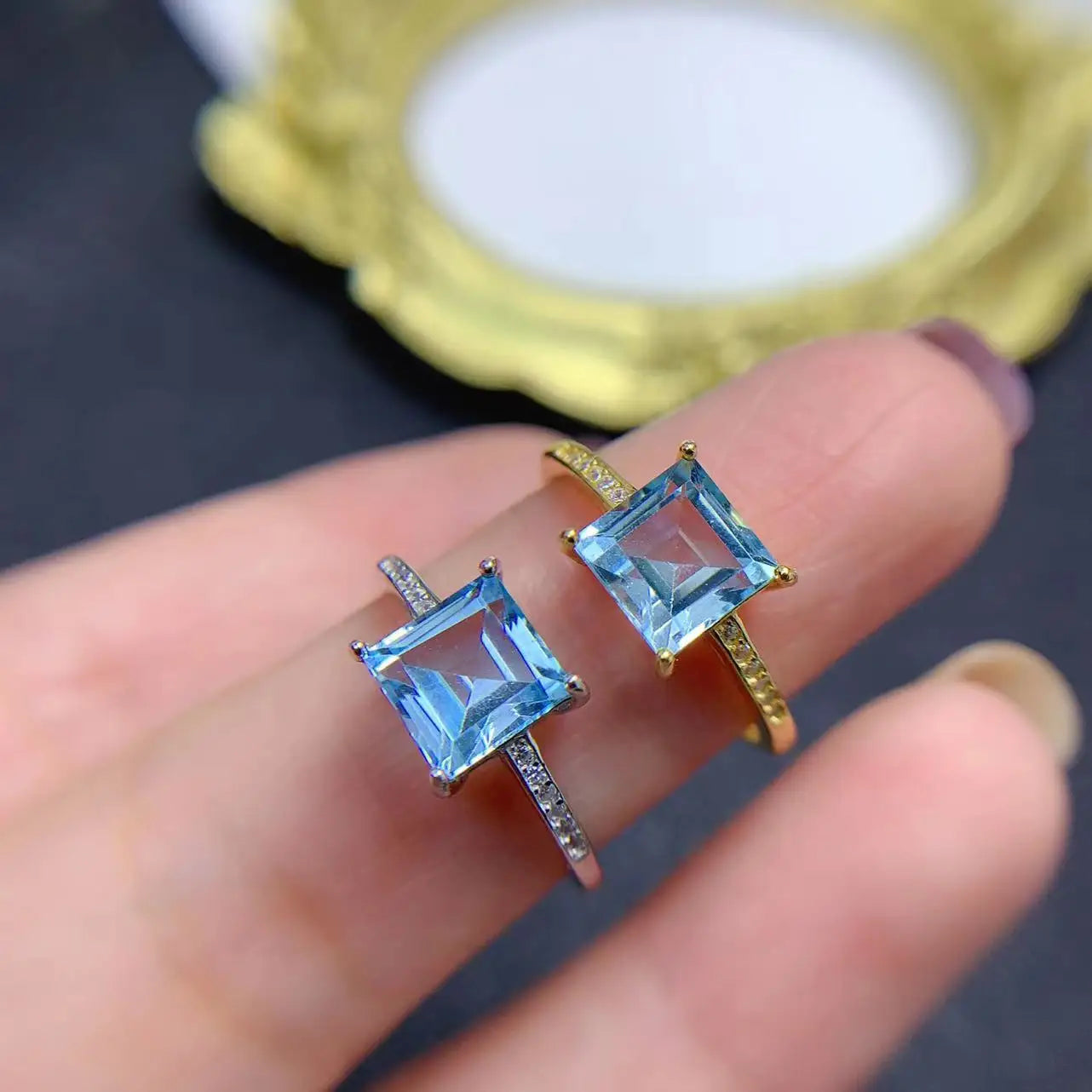 Wholesale 925 Sterling Silver 7mm*7mm Natural Topaz Cocktail Rings New Design Classic Emerald Cut for Weddings Parties