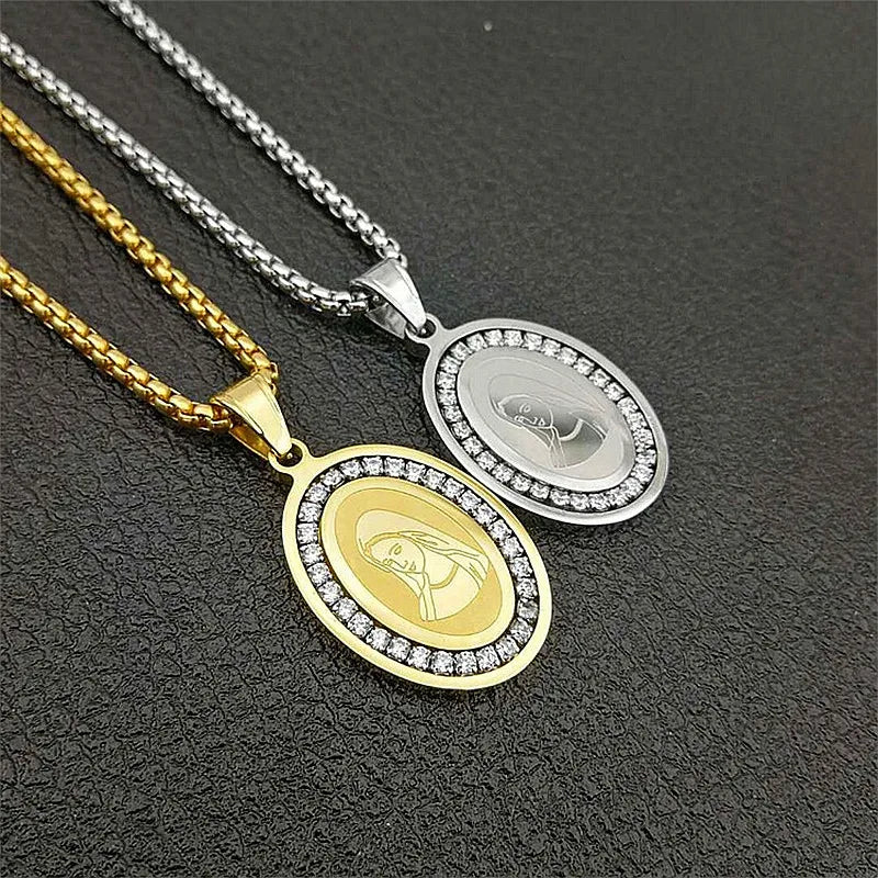 European and American Religious Cross-border Christian Virgin Mary Prayer Catholic Retro Women's Pendant Necklace with Stone