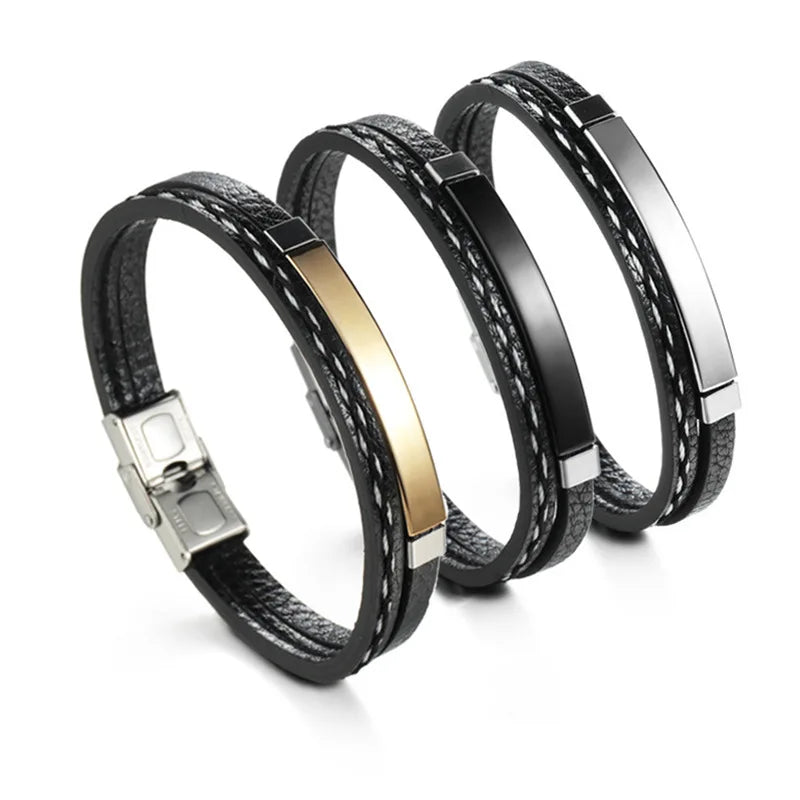 New Design Gold Stainless Steel Jewelry Men Leather Embroidered Bracelets Engraving Name Custom Log Wax Thread Bracelet for Men