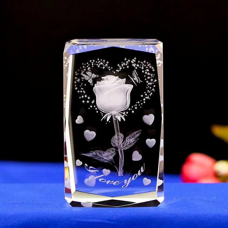 Wholesale Customized Logo Folk Art Wedding Gifts Home Decoration Flower K9 3d Laser Engraved Crystal Rose Cube With Gift Box