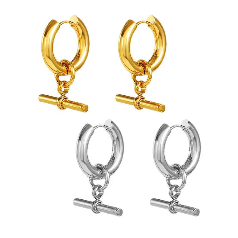 Fashion 18K Gold Plated Stainless Steel Geometric T-bar Hoop Earrings Women Jewelry Wholesale
