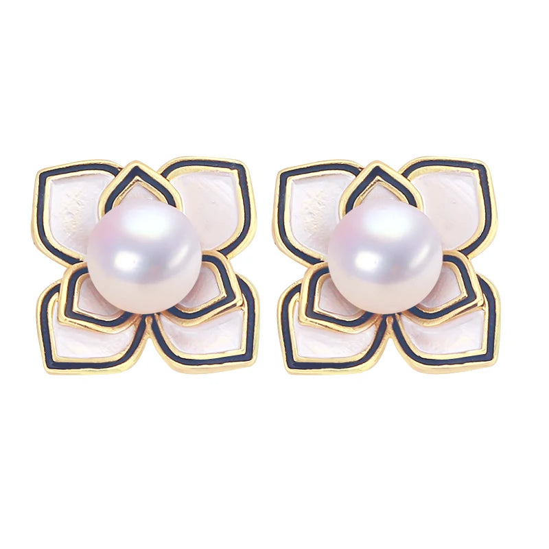 Wholesale Women's Natural Freshwater Pearl Earrings 14K Gold Plated Luxury High-End Style Baked Paint Camellia Pearls