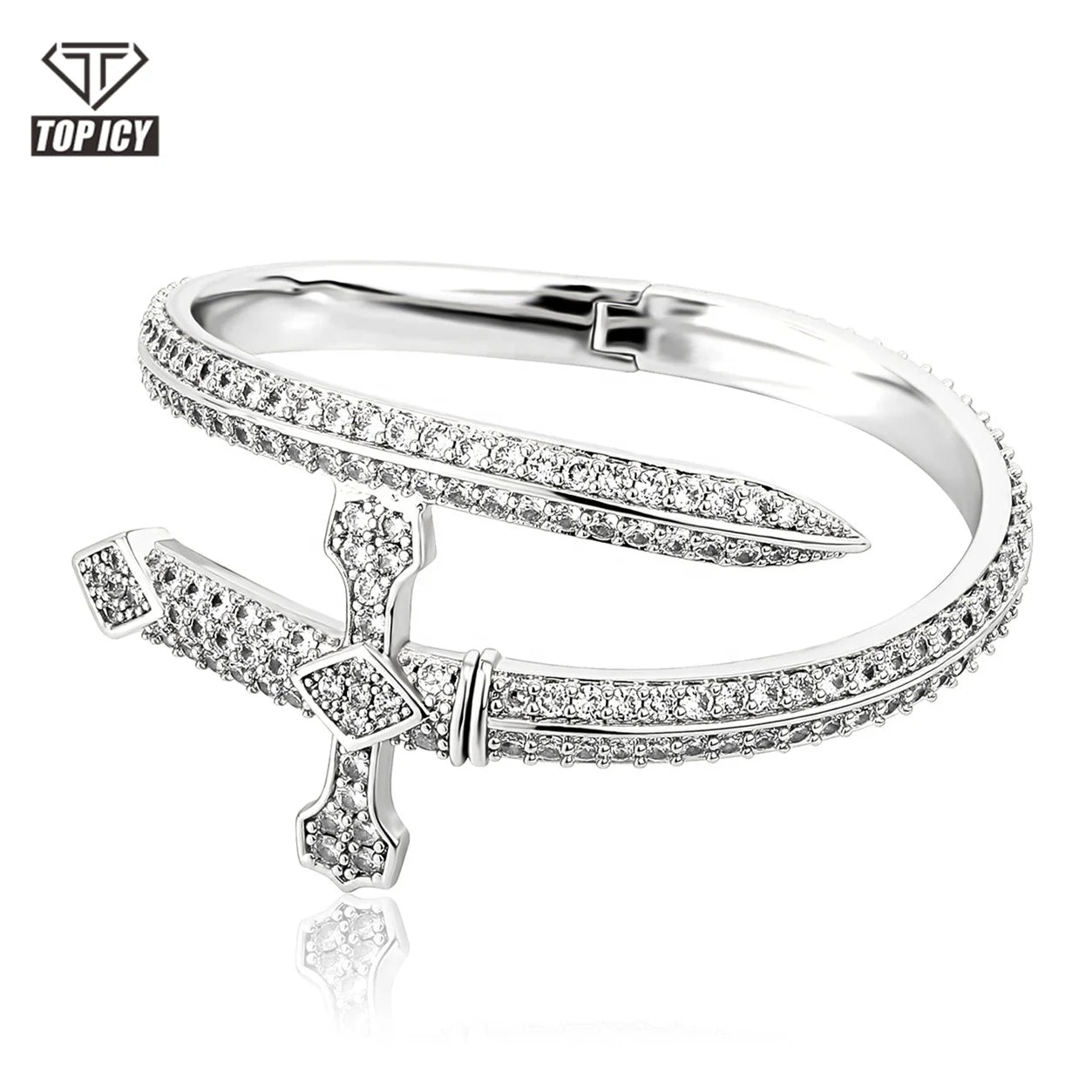 Wholesale Trendy Daily Wear Brass Nail Shape Cross Bangle Iced Out AAA Cubic Zirconia 18K Gold Plated Adjustable Cuff Jewelry