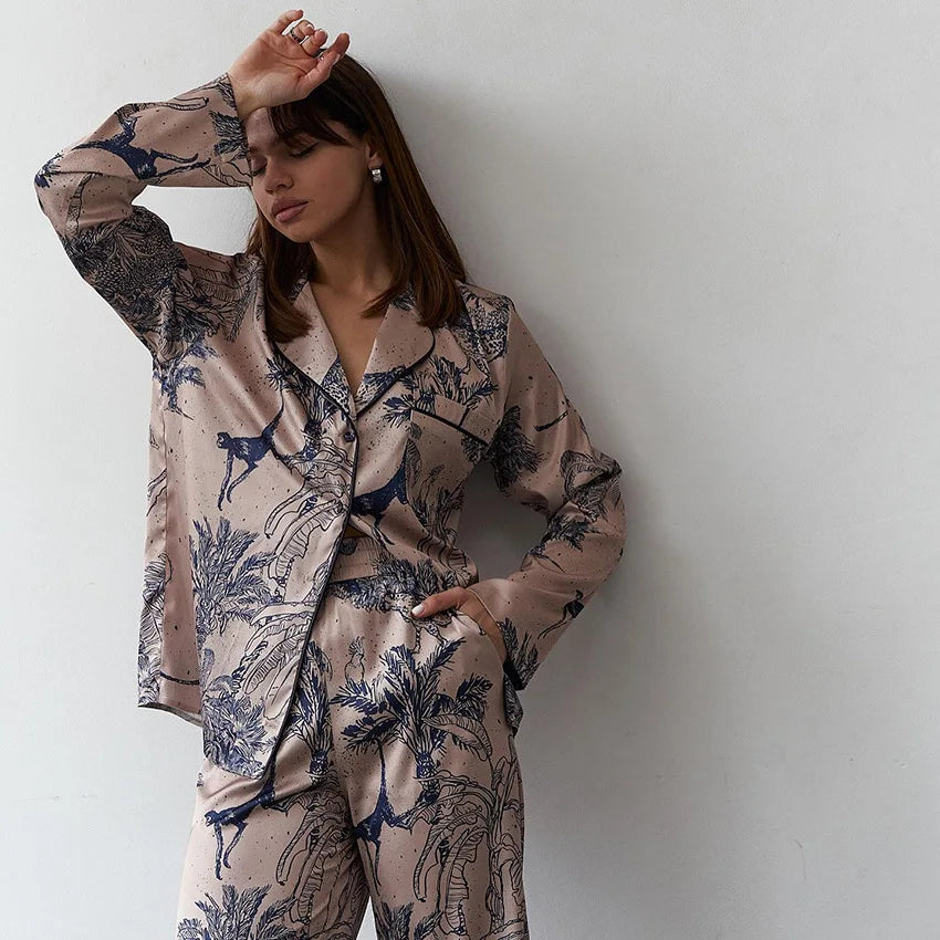 Print New in Women's Sleepwear Pattern High Waist Wide Leg Pants Set Long Sleeve Women 2 PiecesPajamas Sets