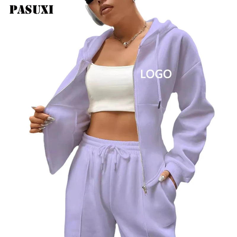 PASUXI Custom Women Clothing French Terry Bodysuit Tracksuits Two Piece Long Pant Hoodie Set Outdoorwear 2 Piece Set for Women