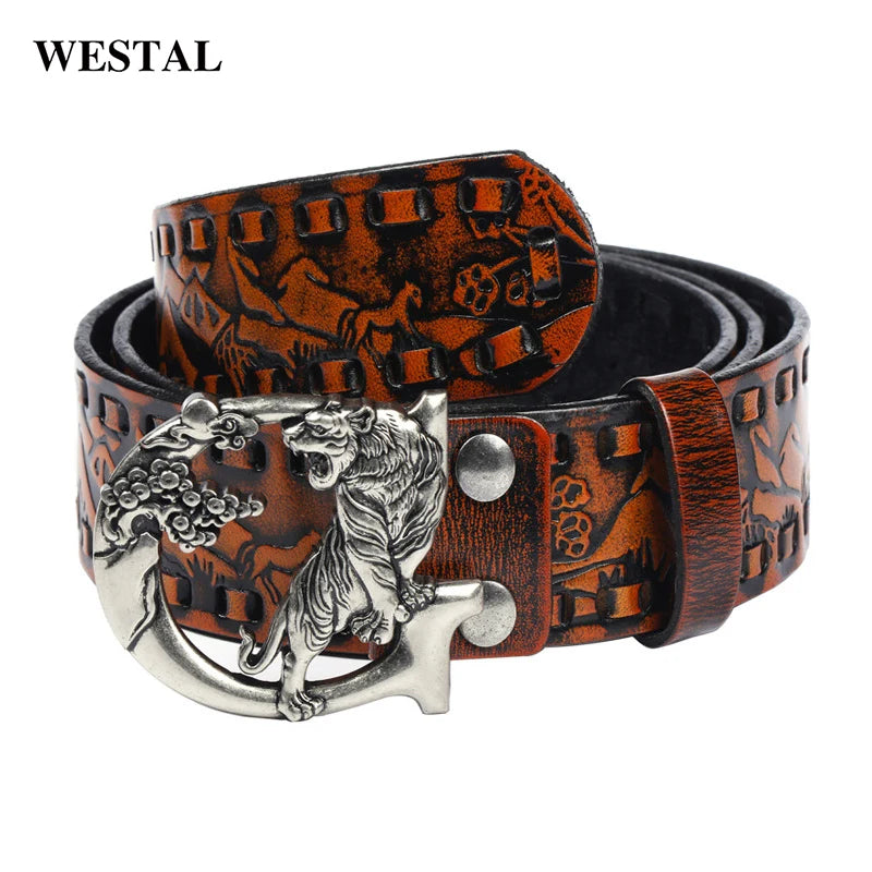 Retro Embossed tiger Buckle Women Leather Pants Jeans Leather Belts for Men Automatic Buckle Belt Genuine Leather Belts