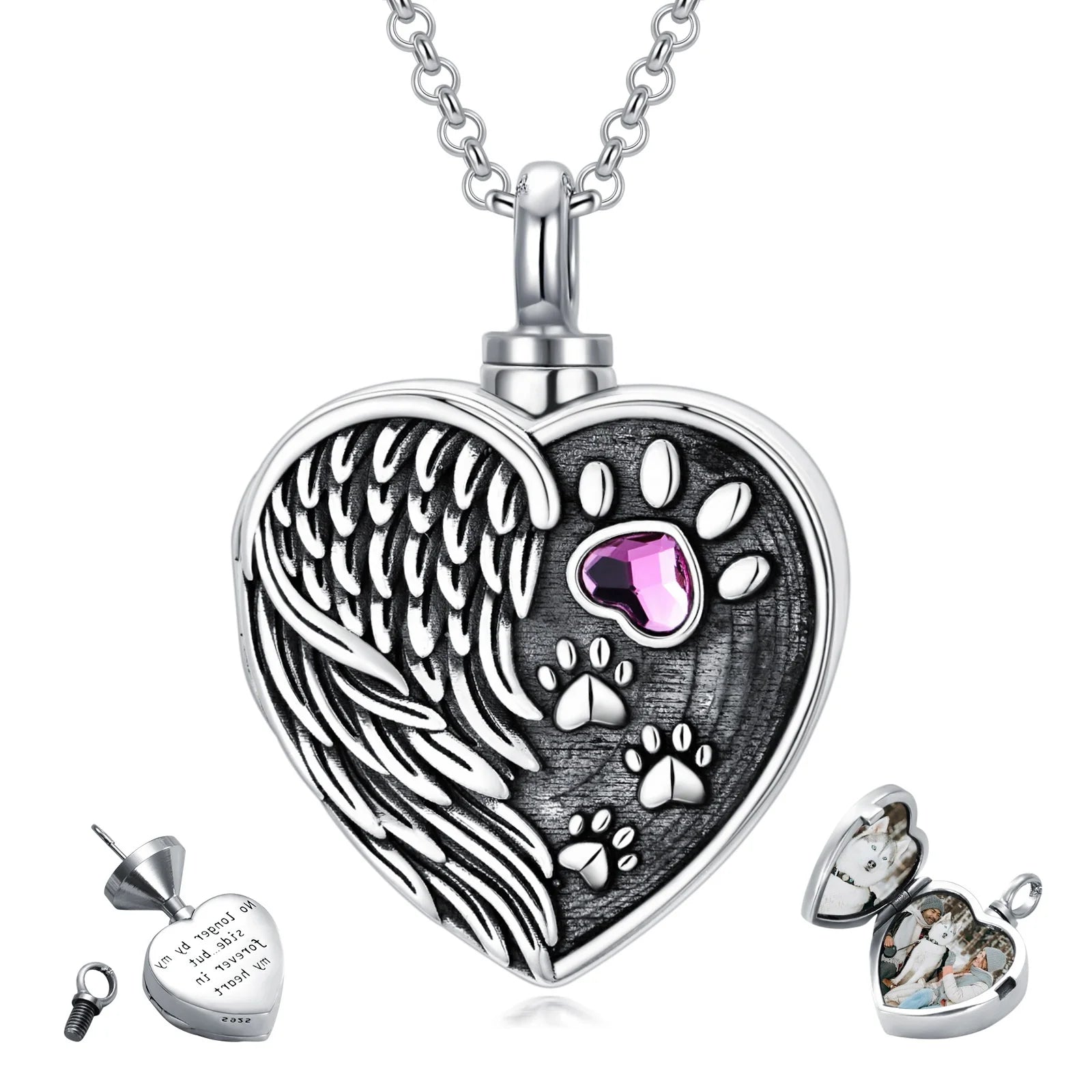 925 Sterling Silver Oxidized Cremation Jewelry Trendy Paw Print Angel Wing Locket Heart Urn Pendant Parties Anniversaries