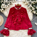 Premium Sense Stand Collar Petal Sleeve Blouse Women Ruffled With Diamonds Tops