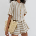 Enyami Stripe Buttoned Short Sleeve Crop Top Tshirt Shorts Women Cotton Classic Stripe Button Zipper Shirt 2 Piece Set