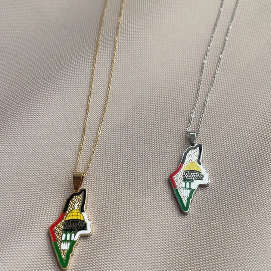 2025 Fashion Muslim Mosque Palestine Map Necklace Palestine Flag Necklace 18K Gold Stainless Steel Necklace High Quality Jewelry