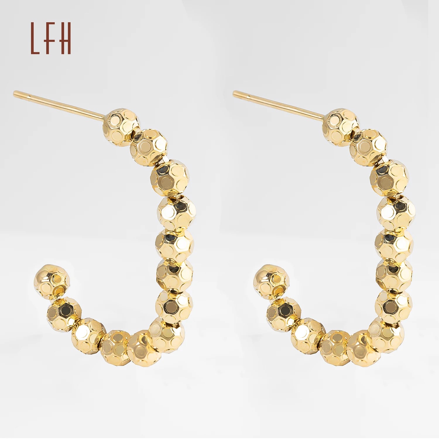 Trendy 18K Pure Gold Beaded Ball C-shaped Earrings 18K Real Gold Mini Beads Ball U Shape Hoop Earring