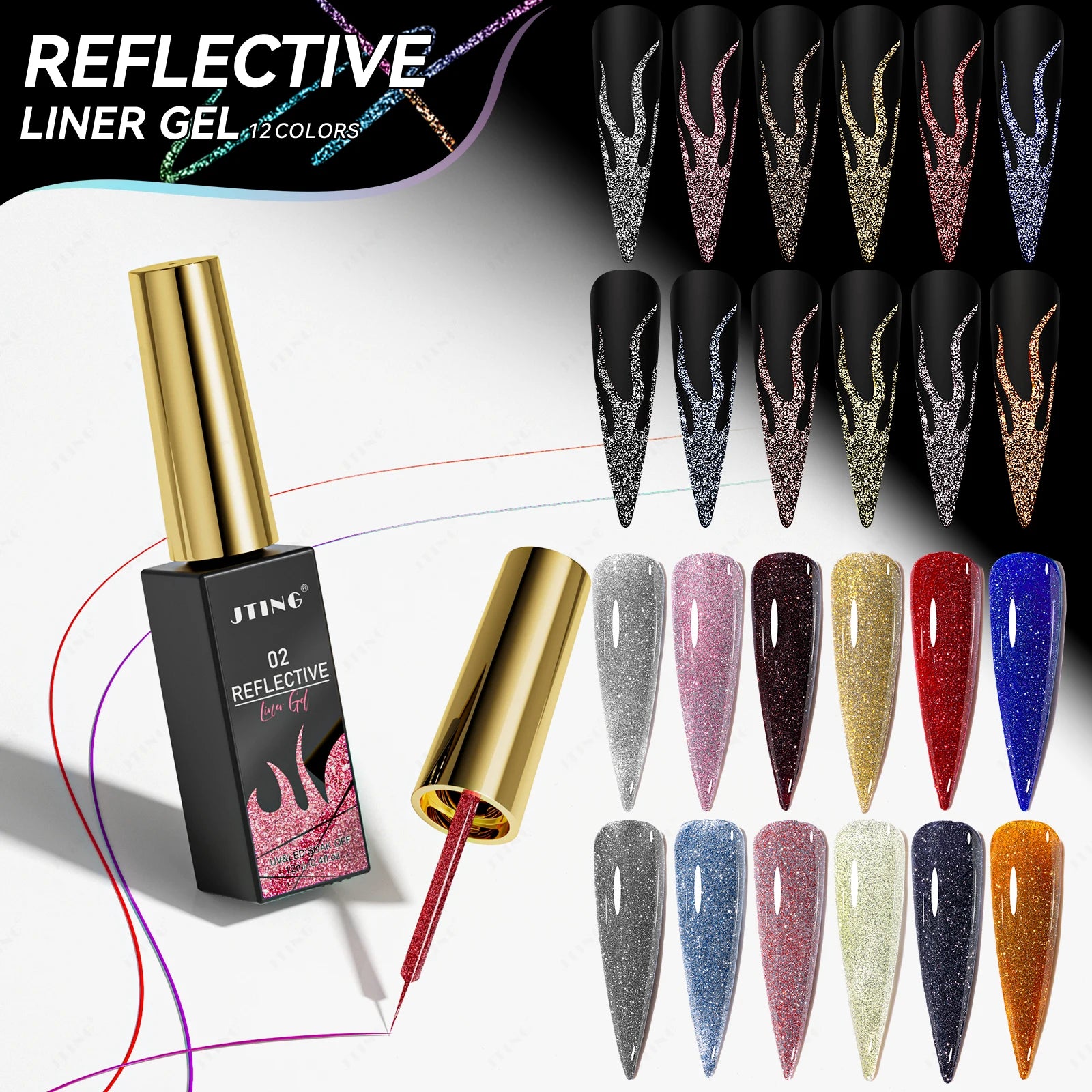 JTING Super Reflective Disco Liner Gel Polish 12color High Quality Nail Art Painting Liner Gel Nail Polish Set OEM Private Label