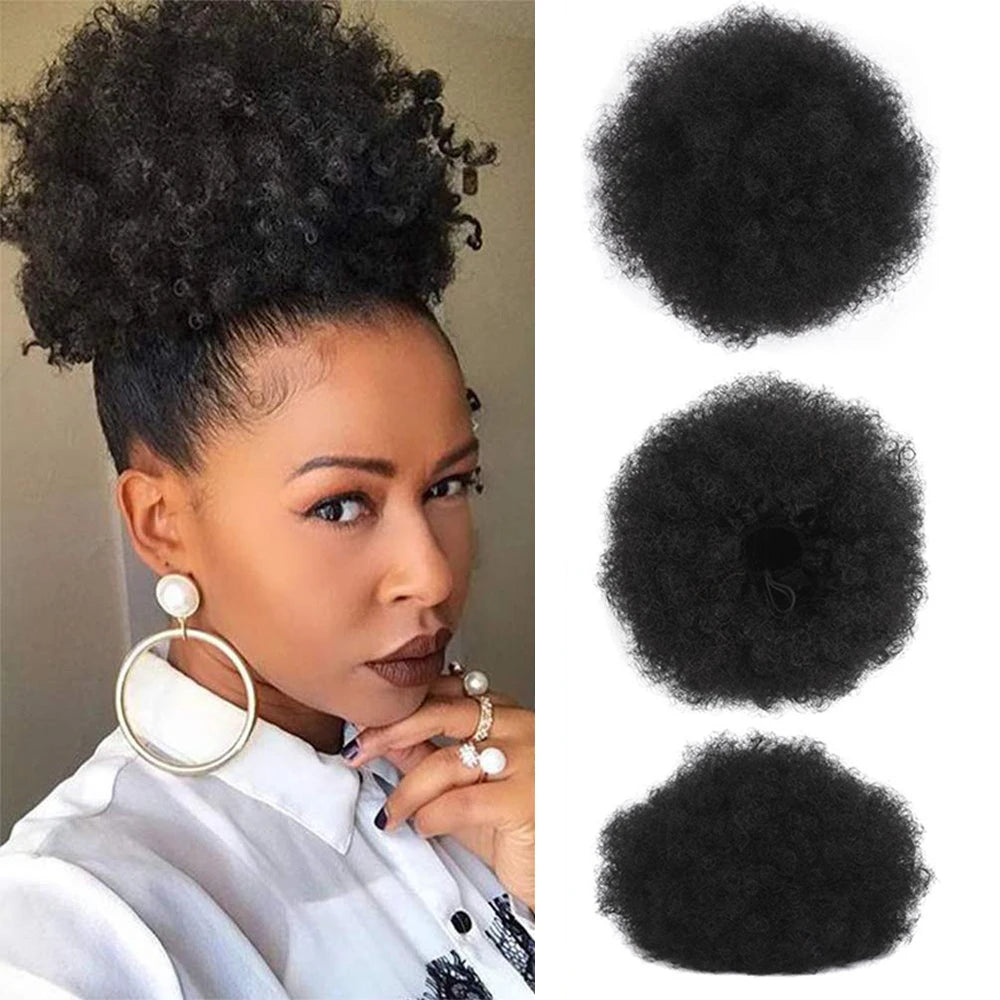 Short Curly Afro Puff Hair Bun Extension with Rubber Band Attachment Synthetic Updo Ponytail and Chignon Hairpieces