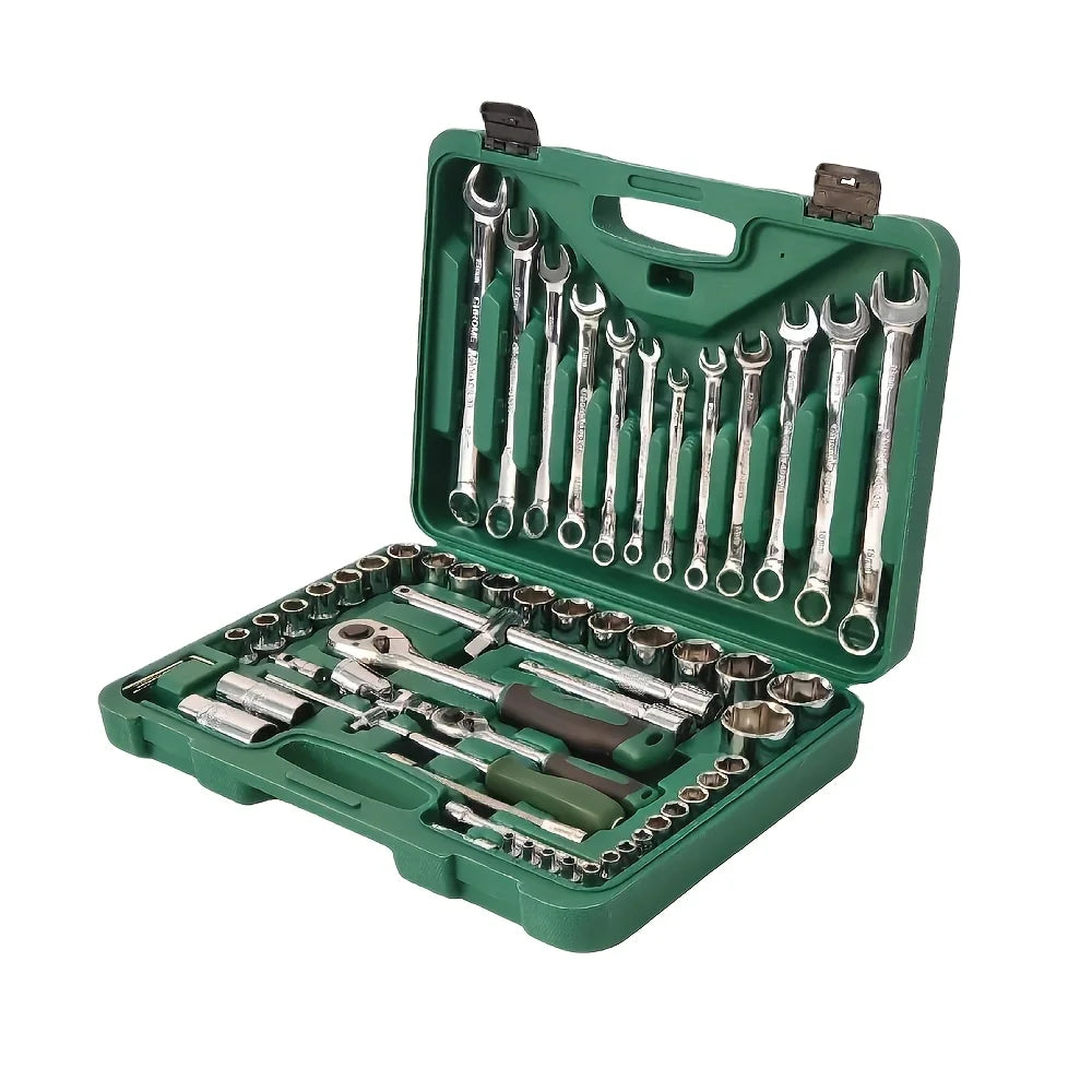 61-Piece Carbon Steel Mechanics Socket Wrench Set Interchangeable 1/2\" 1/4\" Drive Sockets Hard Case OEM Customizable for Auto