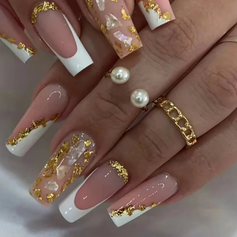 French Luxury Gold Glitter Press on Nails Coffin Fake Nails With Glue False Nail Reusable Artificial Fingernails