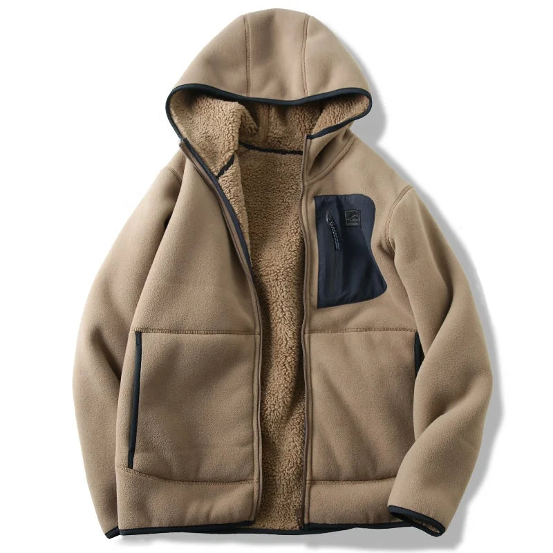2025 Wholesale Winter Hoodie Warm Sherpa Khaki Hoodie Front Pocket Design Polyester Zipper Hoody