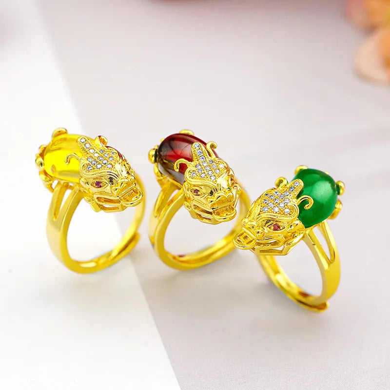 Wholesale Brass Gold-Plated Jewelry Ring Imitation Diamond Ring Women Opening Adjustable Brass Crystal Pixiu Lucky Gem Ring