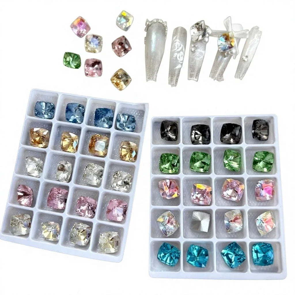 Paso Sico Eco-Friendly Loose Square Cushion 10mm Glass Rhinestones Pointed Back Multi-Faceted for Nail Art Jewelry Making