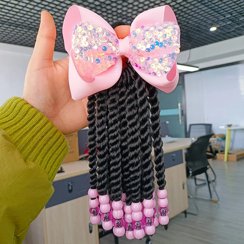 Fujia Custom Sengel Twist Kids Braids Elastic Ponytails with Colorful Crochet Beads with Bow Tie Wholesale
