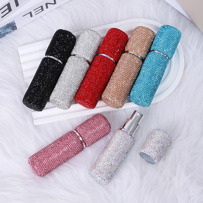 Portable 5ml Refillable Recyclable Super Shinny Crystal Pink White Black Blue Plastic Perfume Pump Sprayer Bottle Box Packaging