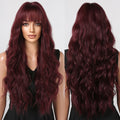Factory Wholesale Price Synthetic Wine Red Long Wavy Wig with Bangs Burgundy Daily Water Wave Wigs Heat Resistant Natural Hair