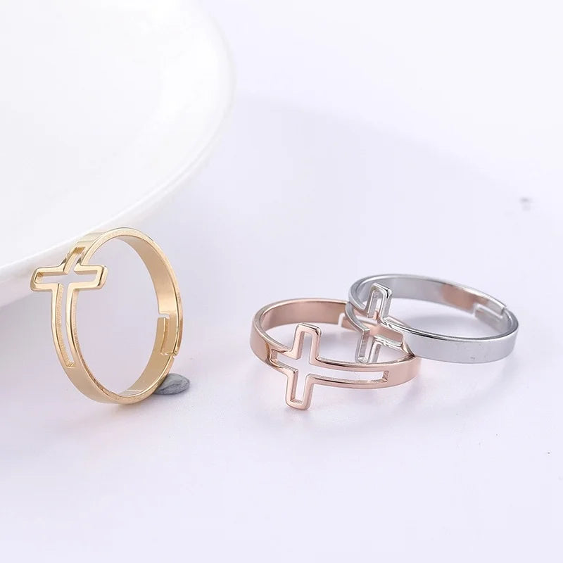 Stainless Steel Silver Color Religious Jesus Cross Opening Adjustable Ring Fashion Women Finger Jewelry Hollow Cross Rings